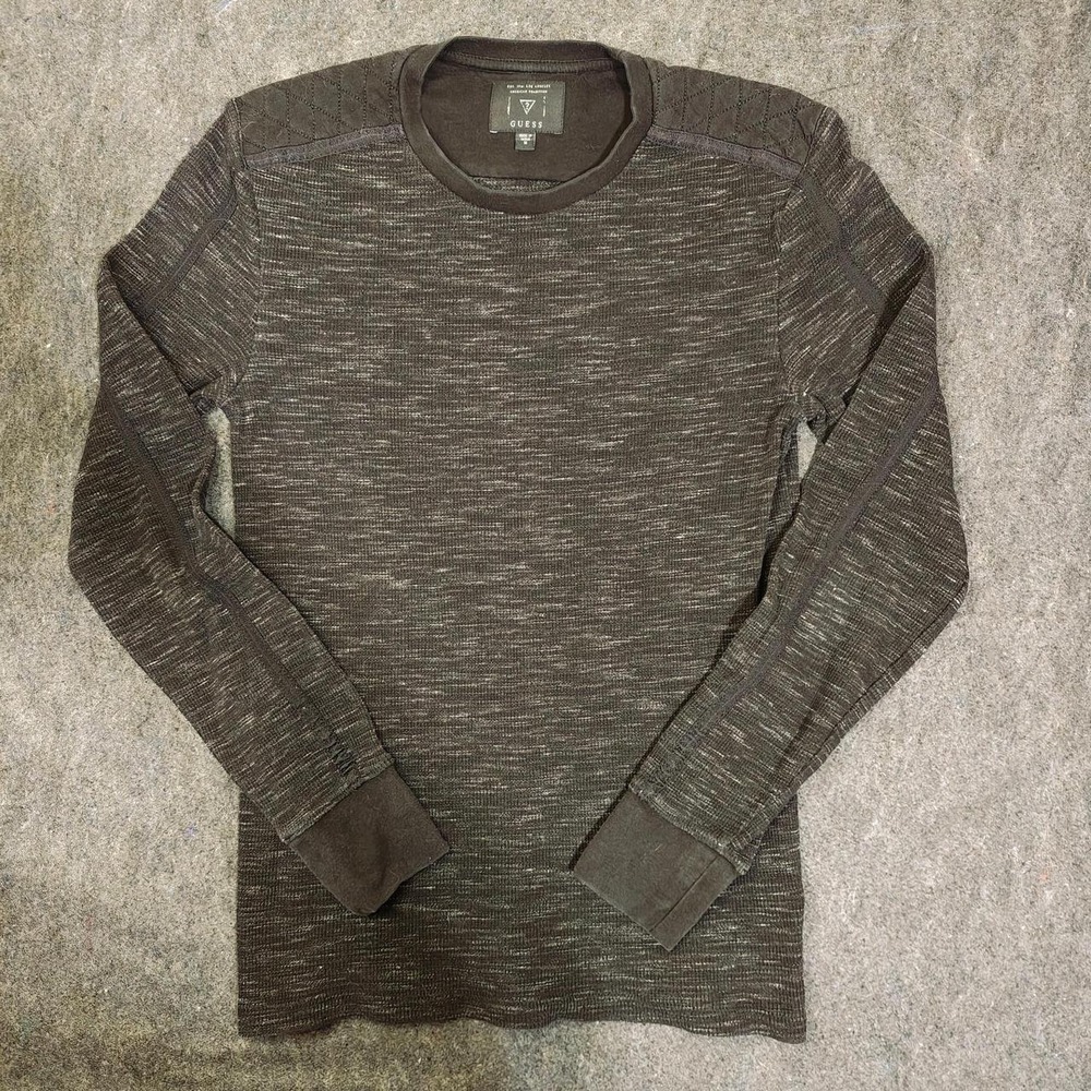 Guess Mens Brown Long Sleeve Thermal Shirt Quilted Shoulder Size M